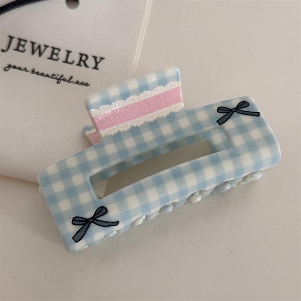 Зажим-коготок с цветочным клетчатым бантом - Акриссовая заколка для волос