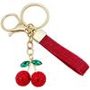 Cherry Lanyard Keychain with Red Fruit Rhinestones and Green Leaves Pendant