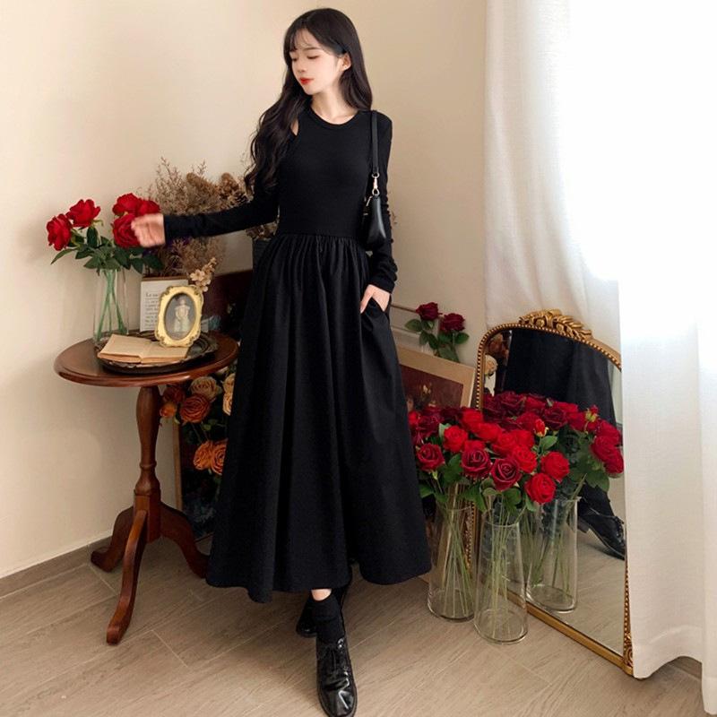 Hepburn style hollow knitted long-sleeved dress women's spring new design sense niche temperament slim and thin long dress