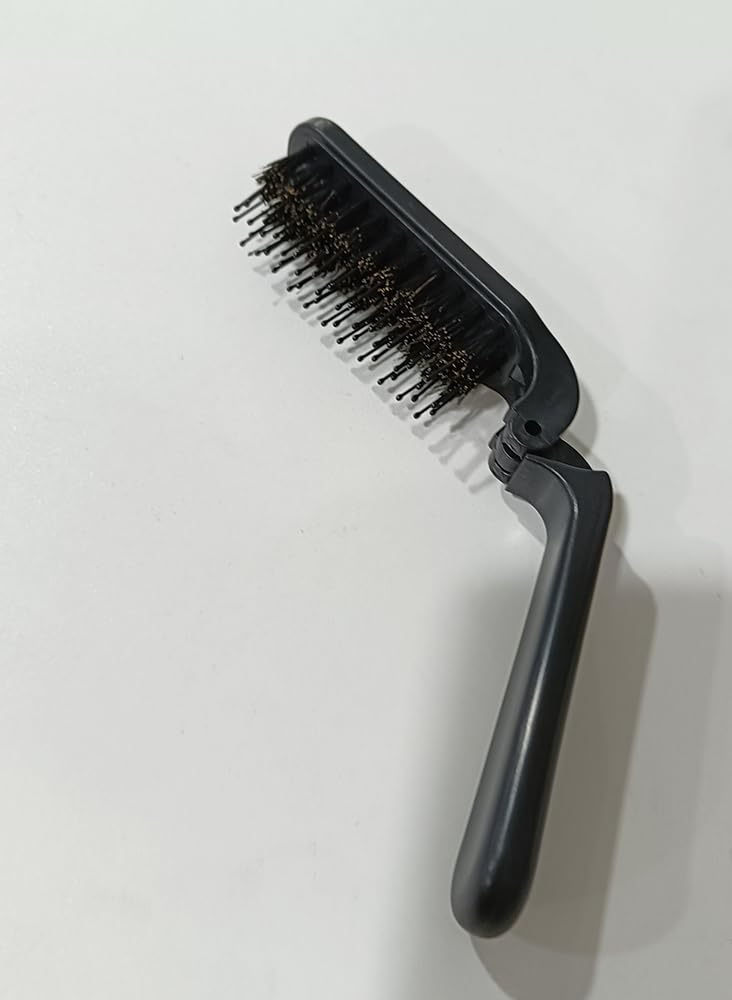 PrimeBlis Foldable Boar Portable Brush for Scalp Shiny and Smooth Suitable for All Hair Unisex Hairbrush, Comb, Bristle, Massage, Hair, Types, (Black)