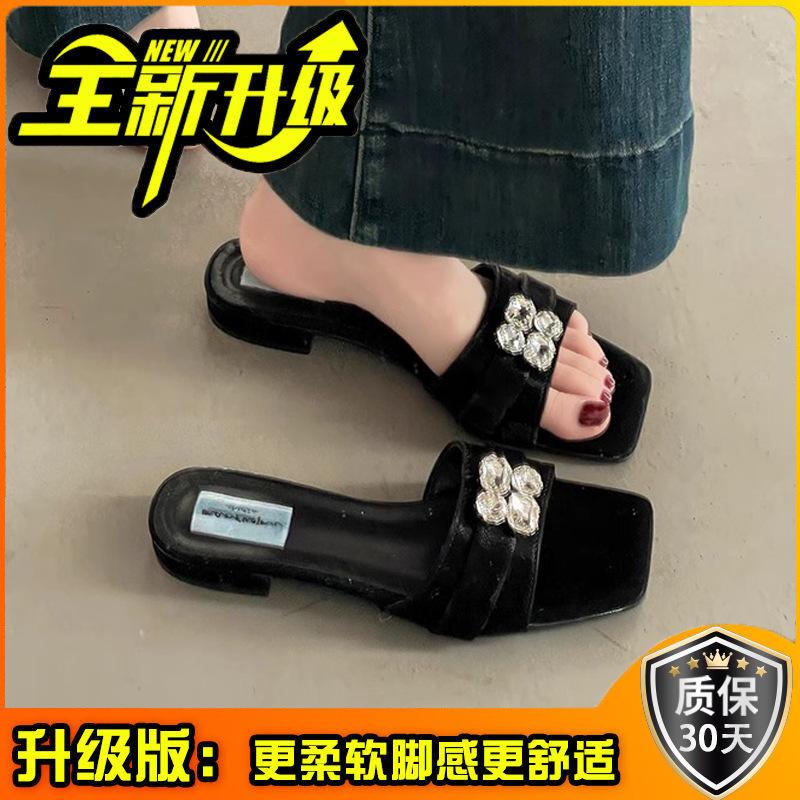 Niche Ladies One-word Cool Slippers Spring and Summer French Gemstone Rhinestone Foreign Trade Fashion Outer Wear Flat Bottom One-word Sandals Women