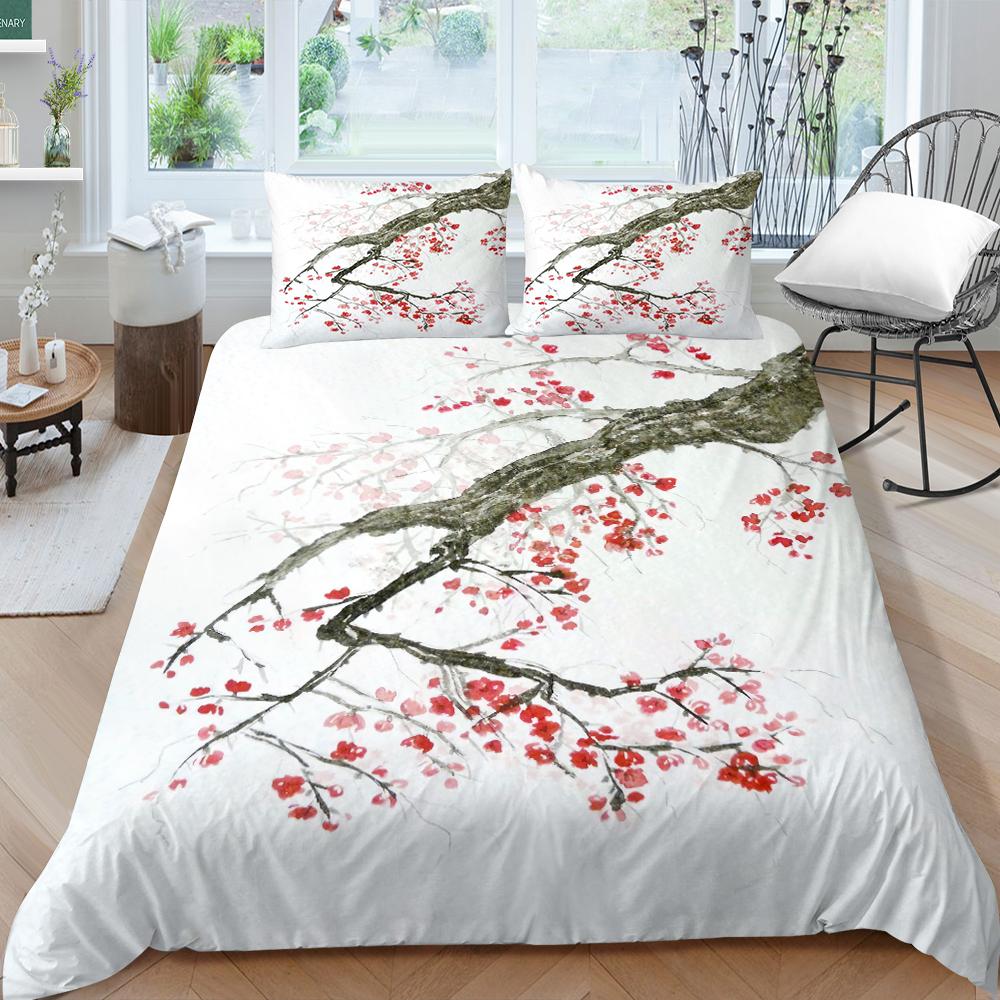

3D Постельное белье с цветком сливы, полноразмерный белый фон, цветочный узор, комплект покрывала из ткани из микрофибры с застежкой-молнией, моющееся мягкое украшение для дома DE 200x200cm