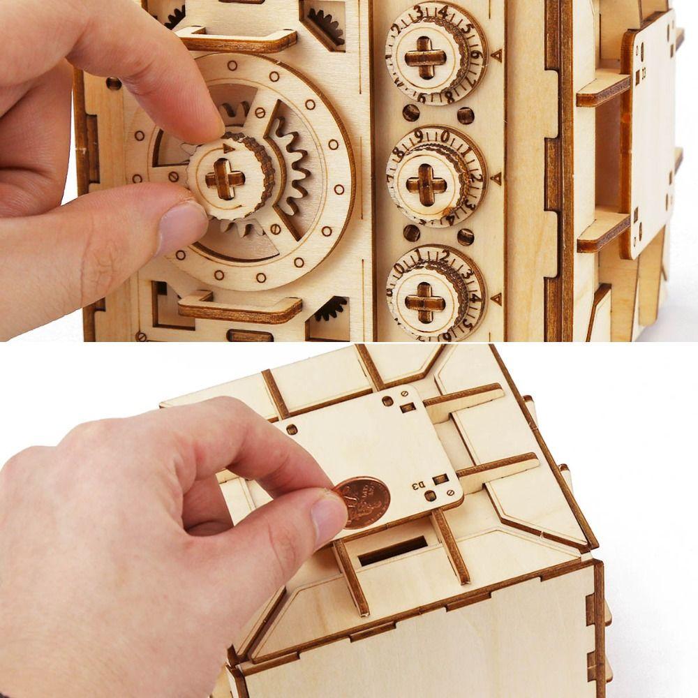 DIY Mynt Bank DIY Mynt Bank Mekanisk Puslespill 3D Tremodell Locker Kit Leketøy for barn