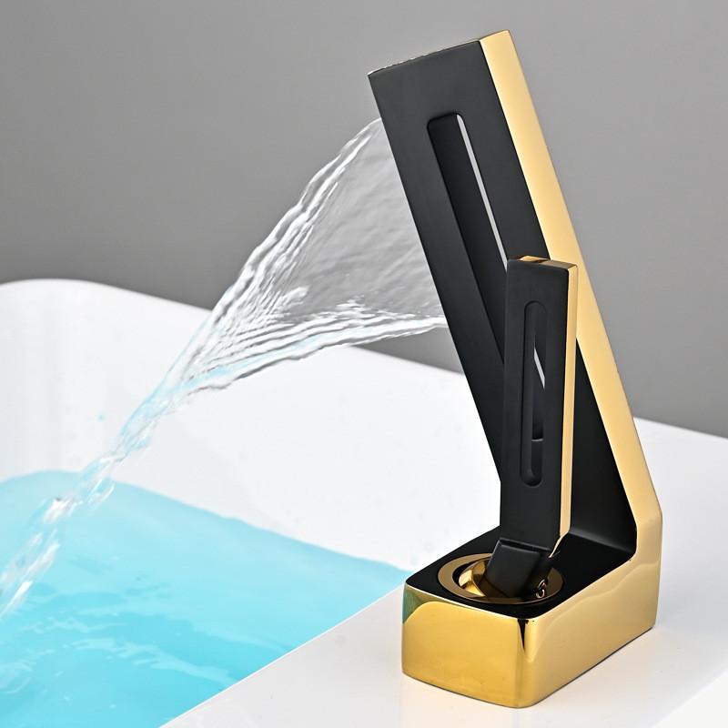Tuqiu Bathroom Faucet Brass Gray Bathroom Basin Faucet Cold And Hot Waterfall Mixer Sink Tap Deck Mounted Black & Gold Tap