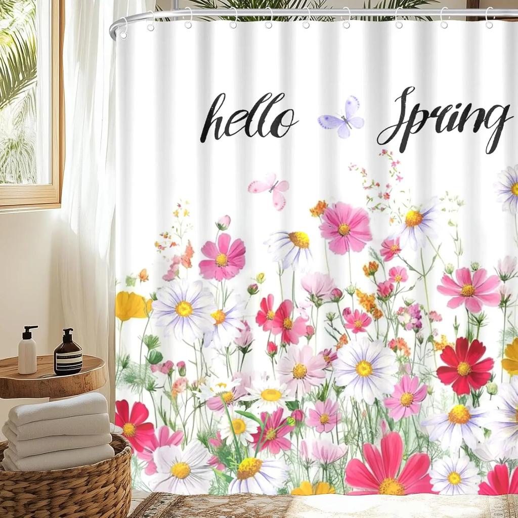 Hello Spring Shower Curtain for Bathroom Colorful Flowers Waterproof Polyester Fabric with Hooks for Bath Decoration 72x72 in