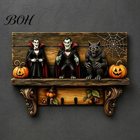 Functional Wooden Key Storage Halloween Holder, Lady Ghost Holder with 4 Hooks, Wall Home Decor Mounted Spooky Rack Organizer for Entryway Hallway