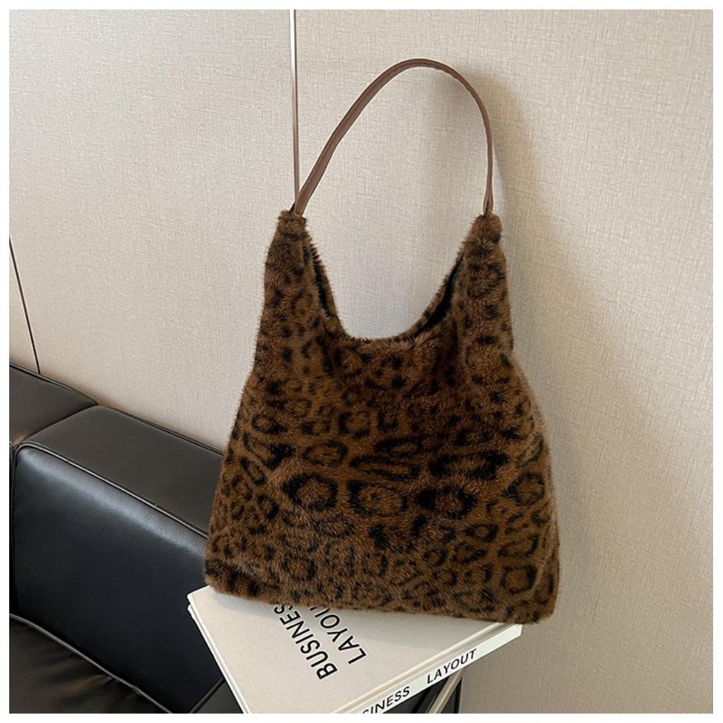 Hobo Bag for Women Plush Black Leopard Print Single Shoulder Carry Daily Use