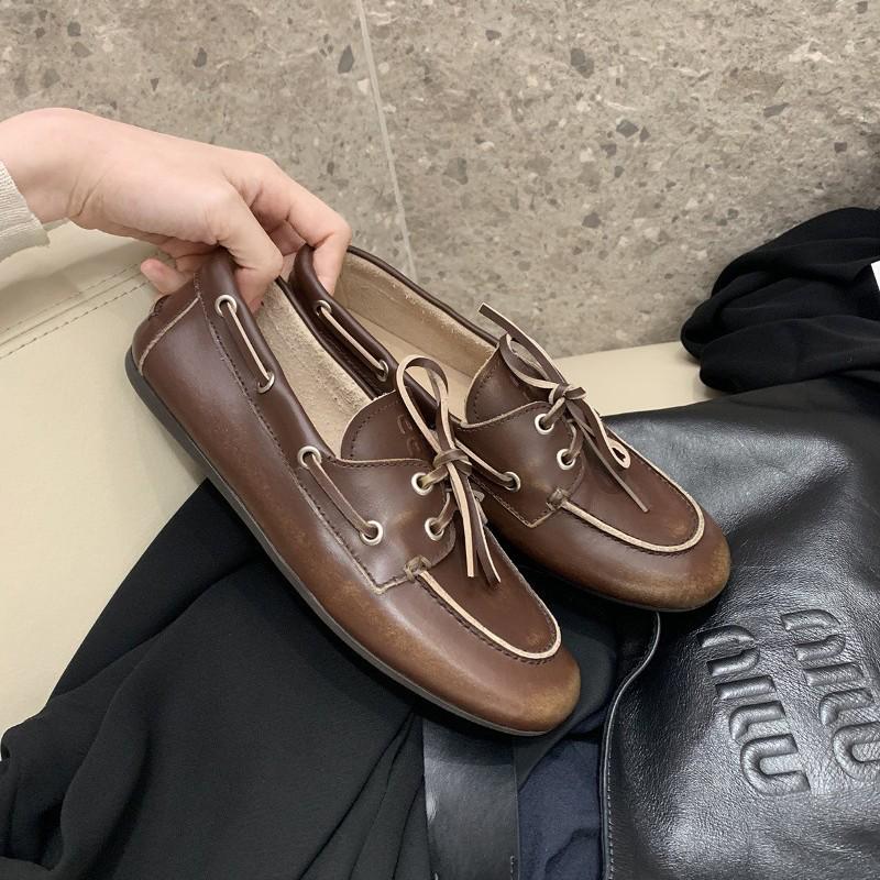 British Style Sheepskin Leather Lace-Up Women’s Loafers - Soft Sole Slip-On Flat Shoes for Autumn