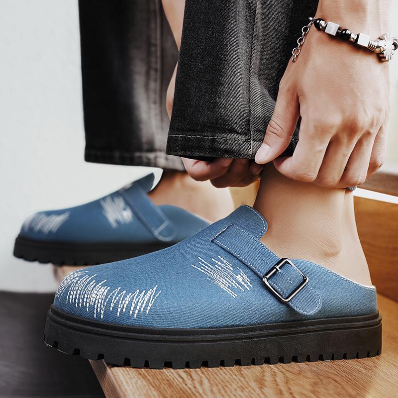 Thick Bottom Half Shoes For Men Mules Denim Platform Closed Toe Sandals Slip On Backless Loafers Slipper Semi-Drag Casual Shoes