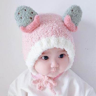 Cute Fruit Ear Baby Warm Hat Windproof Rope Toddler Winter Plush Crochet Bonnet Infant Lamb Fleece Earmuffs Cap Boy Girl Beanies