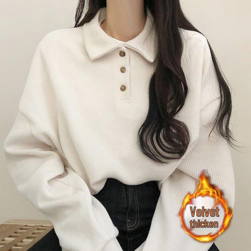 Autumn 2023 Women's College Style Long Sleeve Polo Sweatshirt - Age-Reducing Loose Fit