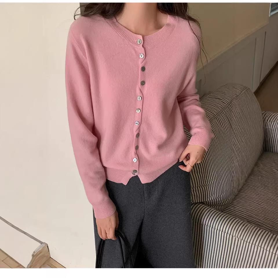 100% Pure Wool Women's Soft Fluffy Knit Cardigan, Round Neck, Korean Style, Spring/Summer Fashion.