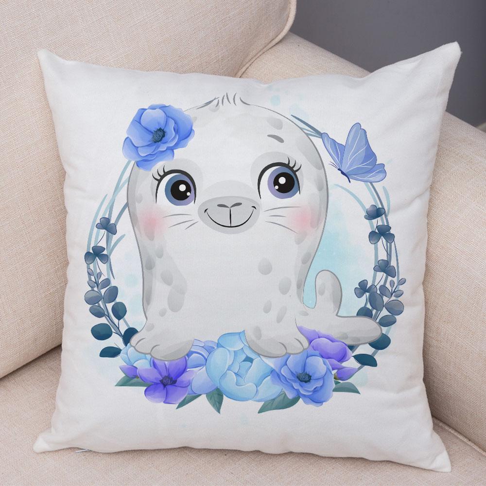Cartoon Bird and Leaves Pillow Case Decor Cute Animal Lion Cushion Cover for Children Room Sofa Home Plush Pillowcase 45x45cm