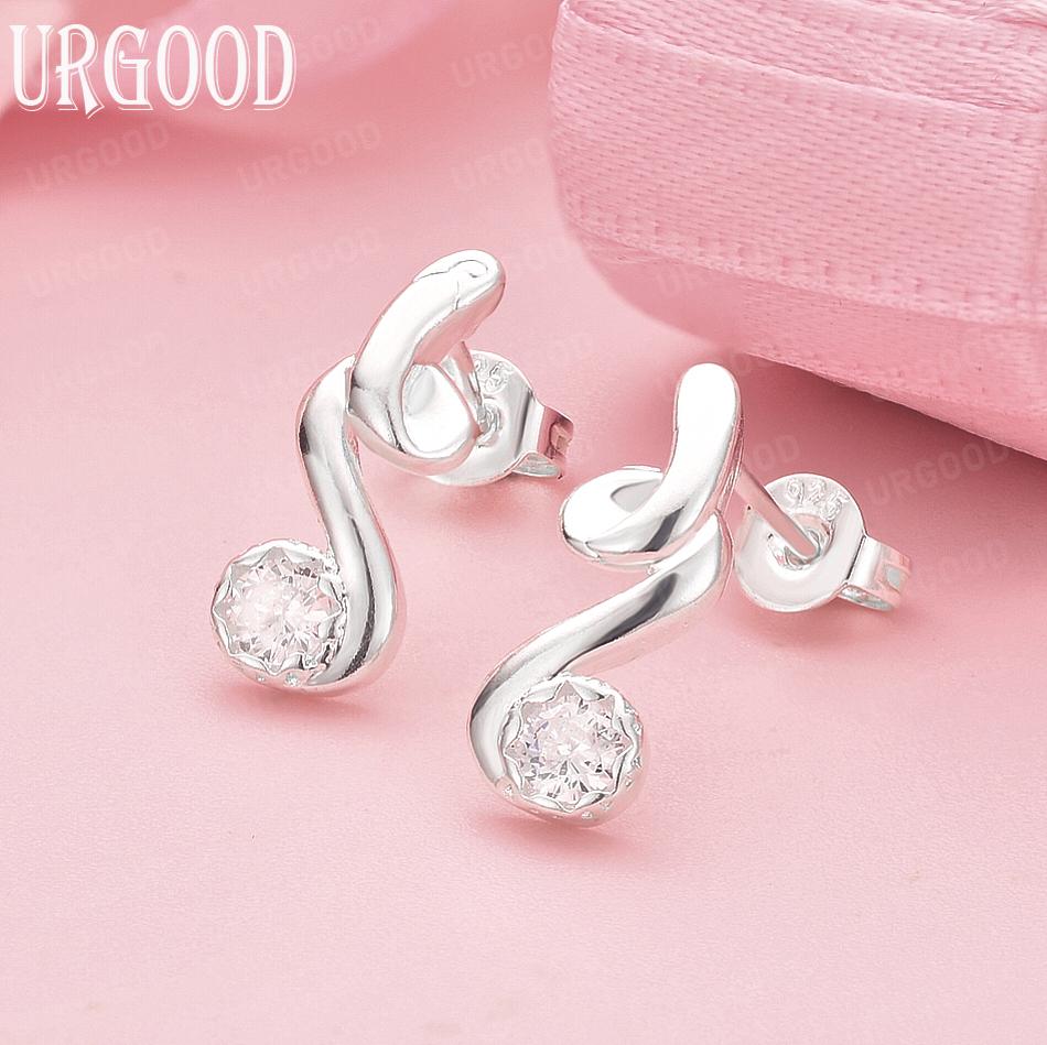 

925 Sterling Silver AAA Zircon Musical Note Fashion Pierced Earrings Wedding Jewelry 1.40*0.50cm
