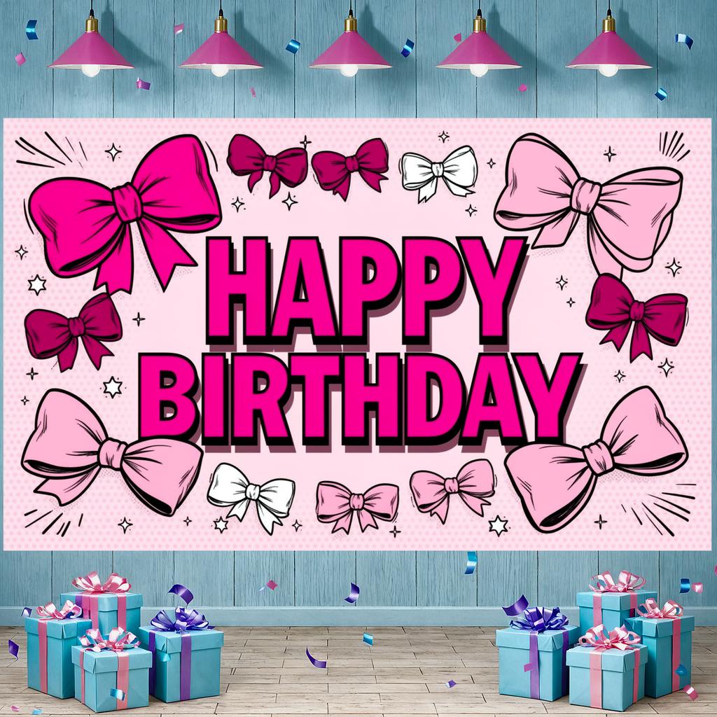 Cute Birthday Banner Dark Red Bow Decor Pink Birthday Banner Girls Birthday Banner Lettering For Kids Celebration