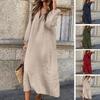 Sommer Damenkleid Baumwolle Leinen V-Ausschnitt Elegant Und Atmungsaktiv Langarm Knopf