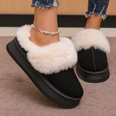 Fashion Women's Winter Fluffy Plush Platform Slippers Cozy Warm Closed Toe Cotton Shoes Woman Fashion Thick Sole Faux Fur Slippers 2024