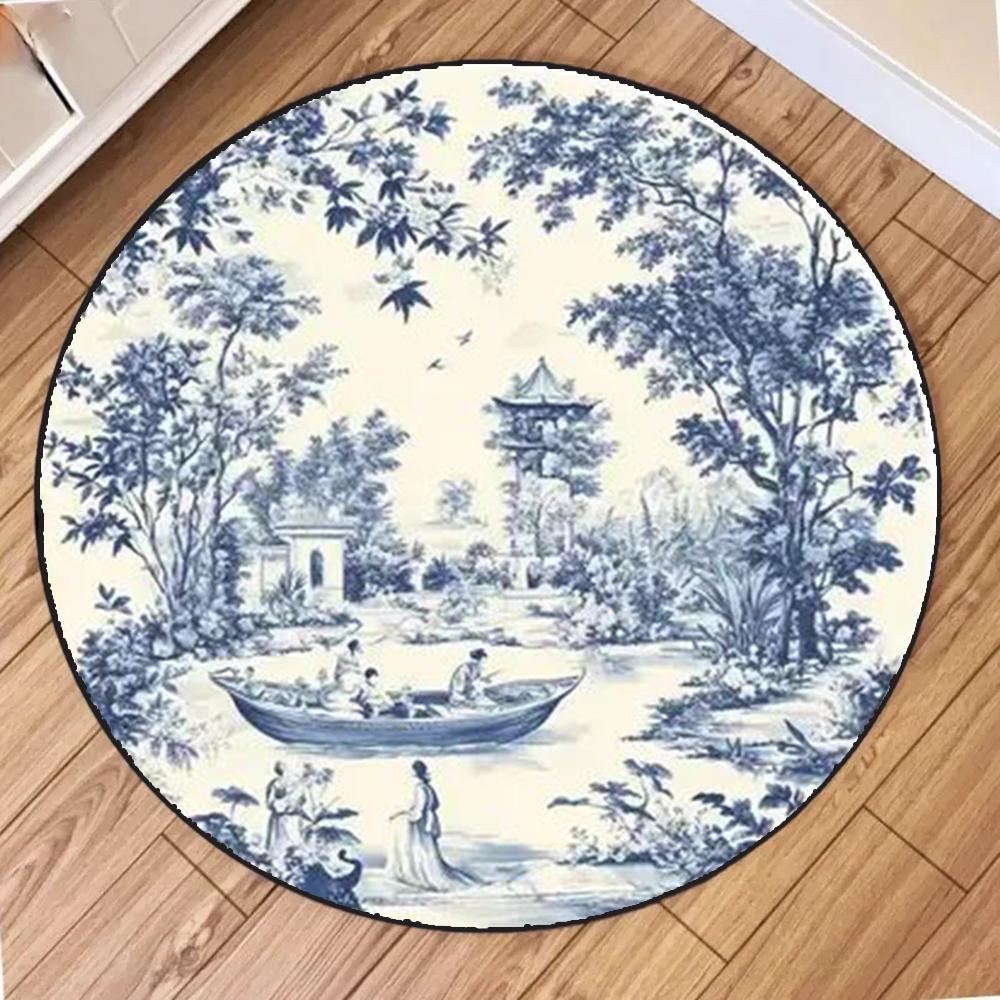 Oriental Style Round Rug Blue and White Porcelain Landscape Patterns Perfect for Living Room Decor Soft Durable Floor Mat