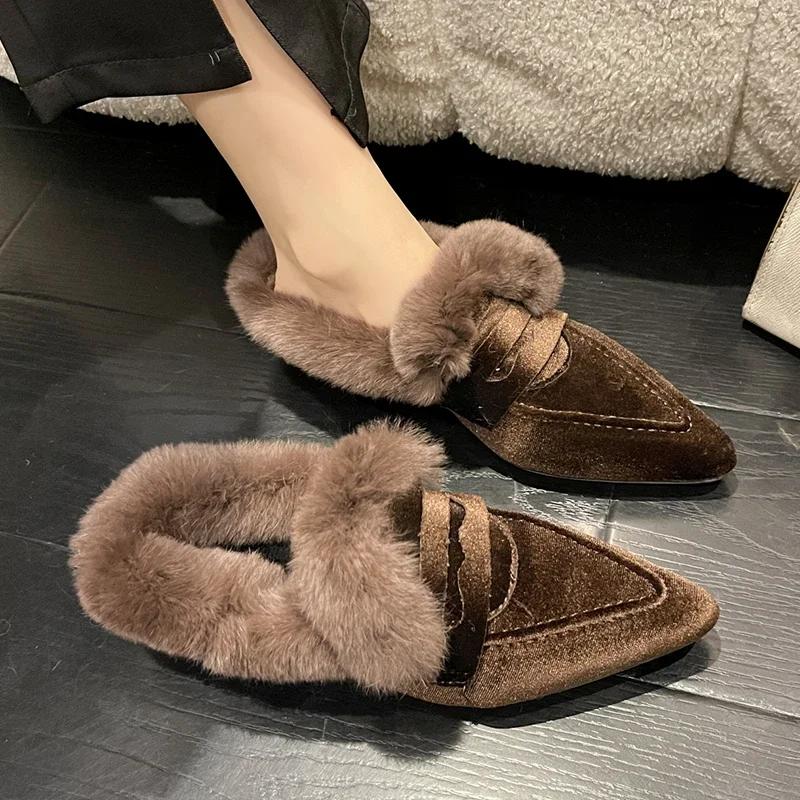 Sexy Pelz Spitzschuh Damen Slipper Schuhe Mittelhohe Absätze Stiefel 2025 Trend Chelsea Winter Warm Plüsch Veloursleder Büro Pumps Pelz Botas Mujer