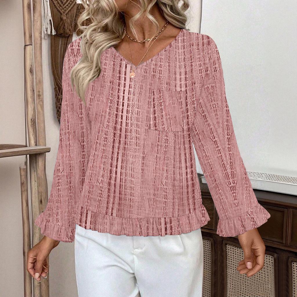 Women's Casual Fashion Ruffled V-Neck Pocket Floral Print Long Sleeve Top