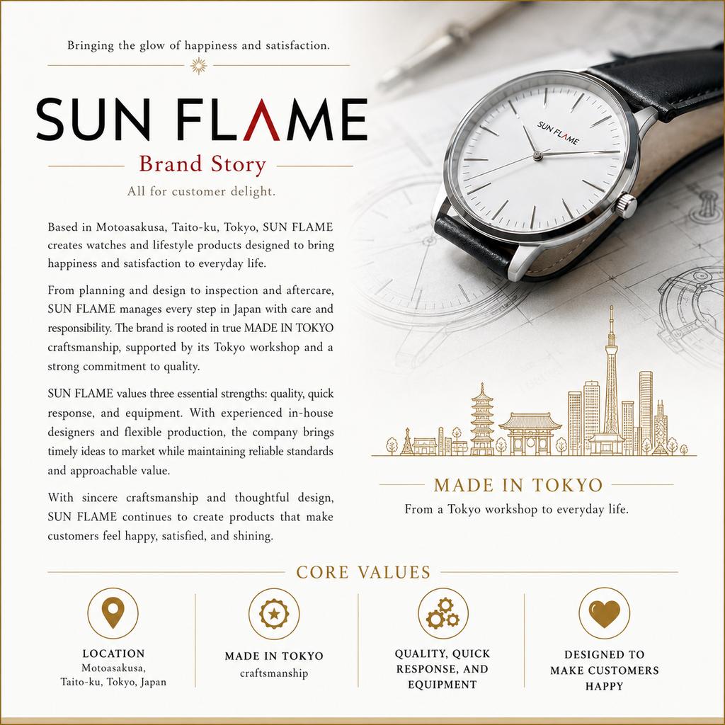 SUN FLAME made in Japan Watch, Simple Round Case Design, Quartz Analog Movement