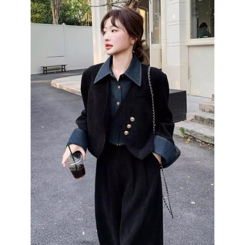 Elegant French Vintage Two Piece Set Women Autumn Spring Fashion Wide Leg Pants Outfit