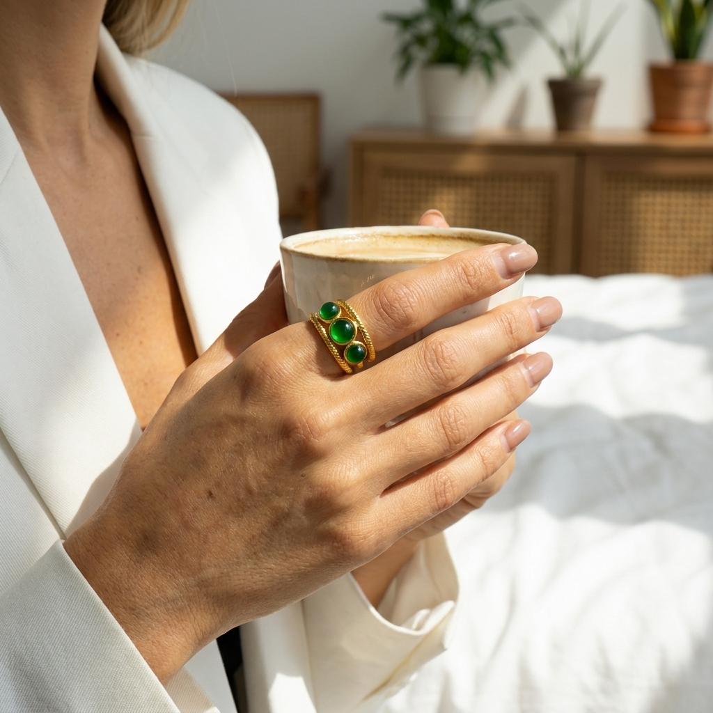Vintage Multilayer Green Stone Ring for Women Delicate Adjustable Stainless Steel Gold Plated Finger Jewelry Party Gift