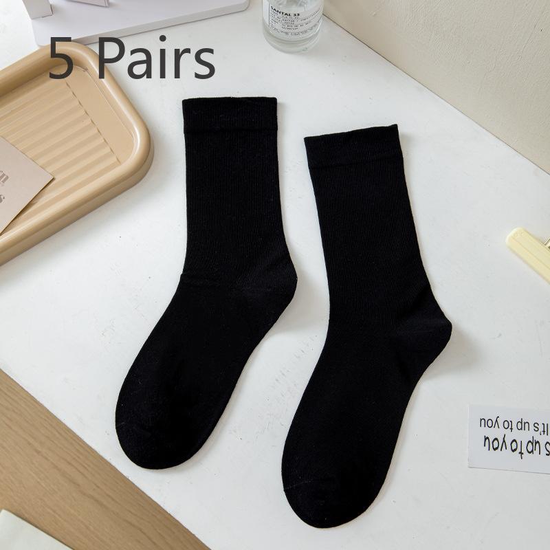 5 Pairs Socks Women's Mid-calf Socks Autumn and Winter Solid Colour Cotton Thickened White Thigh-high Stacked Socks Morandi Bone-less Monthly Socks