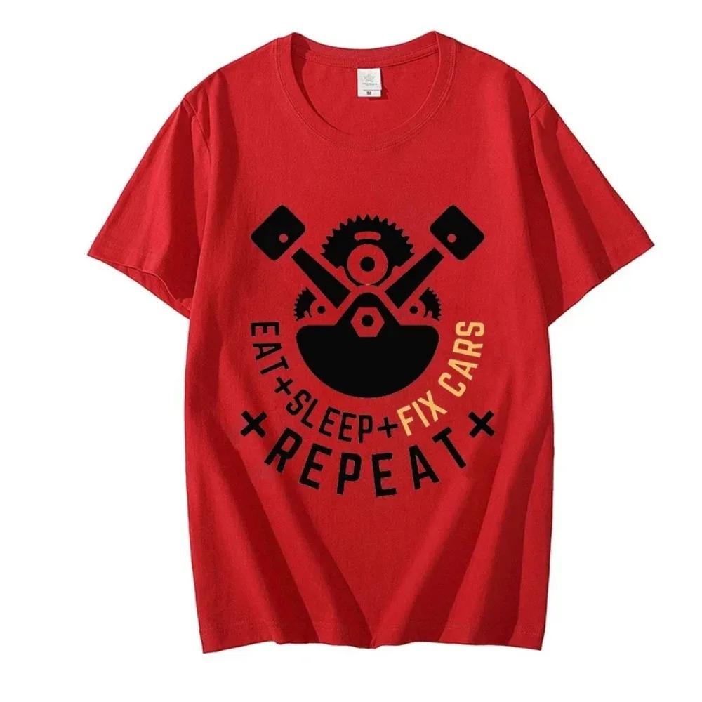 New Trendy Men T-shirt Eat Sleep Fix Cars Repeat Engine Funny Men Oversized T-shirts Tops Black Brand Tee Summer Fashion Shirt