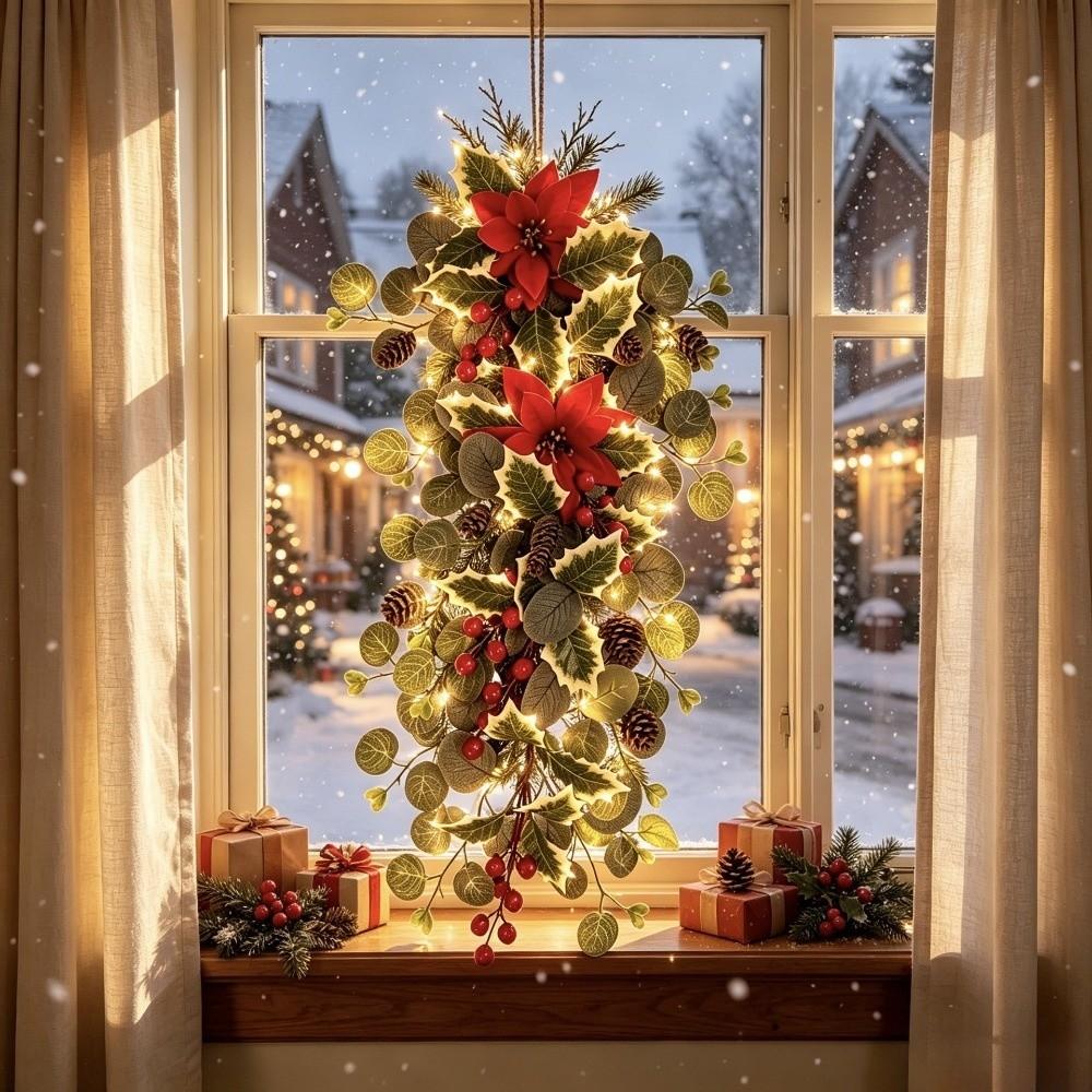 Red Berry Holly Artificial Poinsettia Garland Realistic Poinsettia Pine Wreath  Front Door Decor
