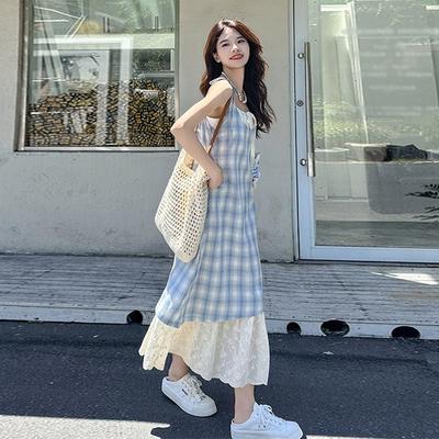 Sommer Frauen Plaid Gefälschte Zwei Stück Hosenträger Kleid Frauen Retro Lose Lange Kleid