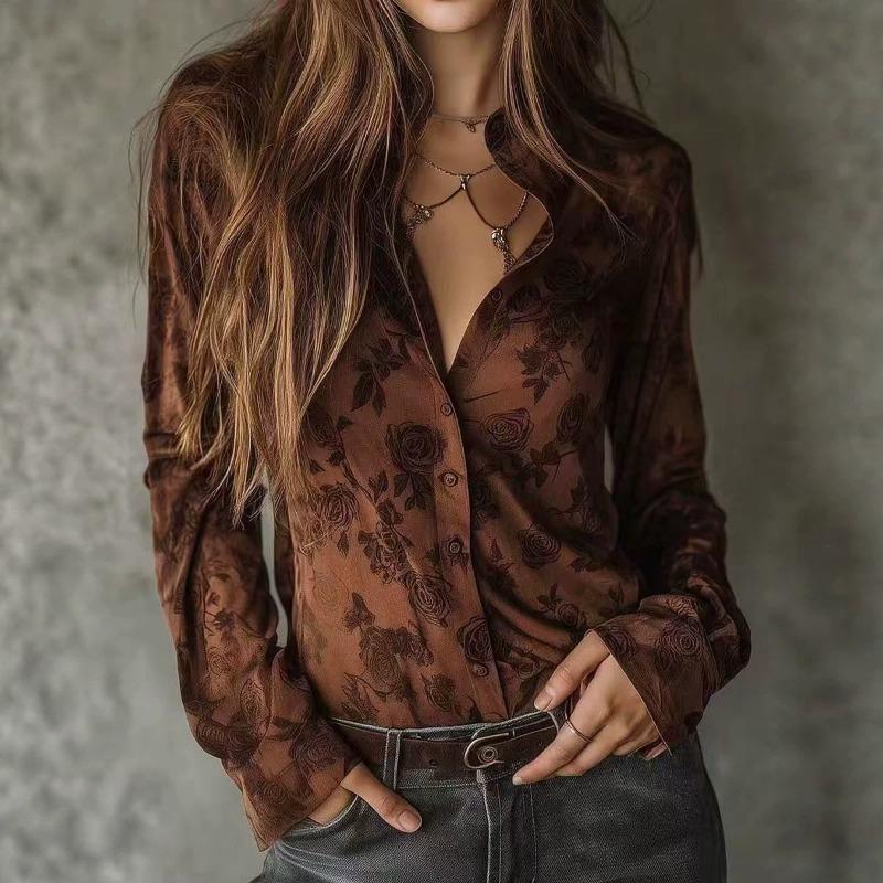 Women S Vintage Long Sleeve Floral Print Brown Shirt