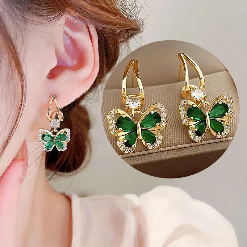 copper Needle Vintage Green Crystal Butterfly Drop Earrings for Women Jewelry New Trending Luxury Zircon Women's Earrings