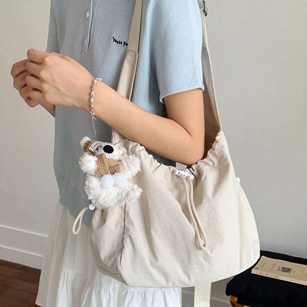 Large Capacity Drawstring Tote Bag Korean Crossbody Bag Casual Nylon Shoulder Bag Office Worker