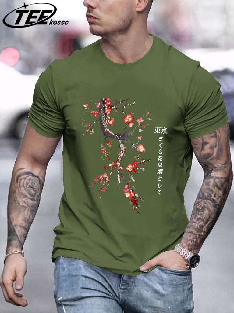 Cherry Blossoms And Rain In Tokyo Mens T Shirts Hip Hop AllMatch Tops Casual Cotton Retro Clothes Male Loose ONeck Streetwear