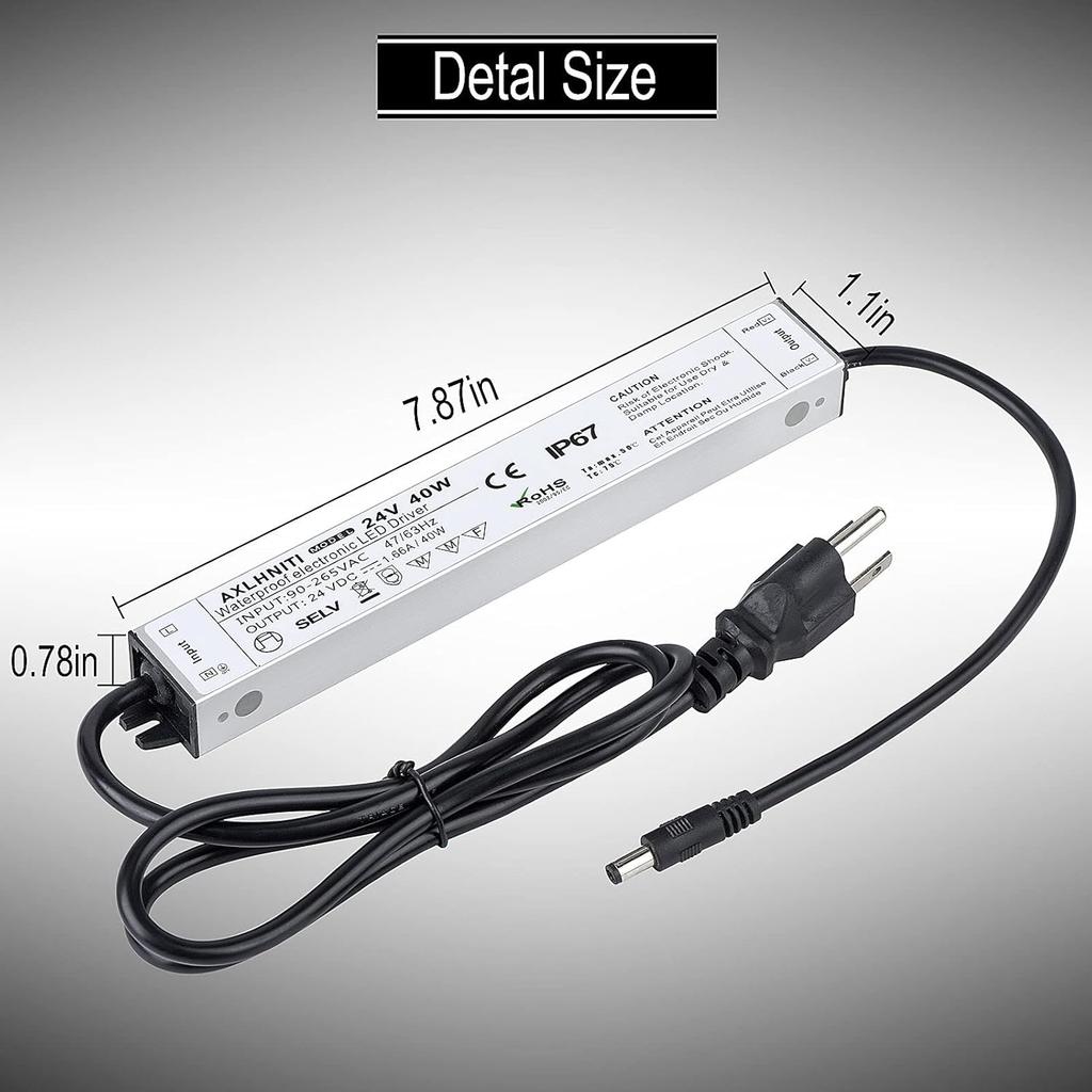 LED Driver 40W 24V, Waterproof IP67 24V Power Supply, LED Transformer 90V-265V AC to 24V DC, LED Power Supply with 3-Prong Plug 3.3 Feet Cable for