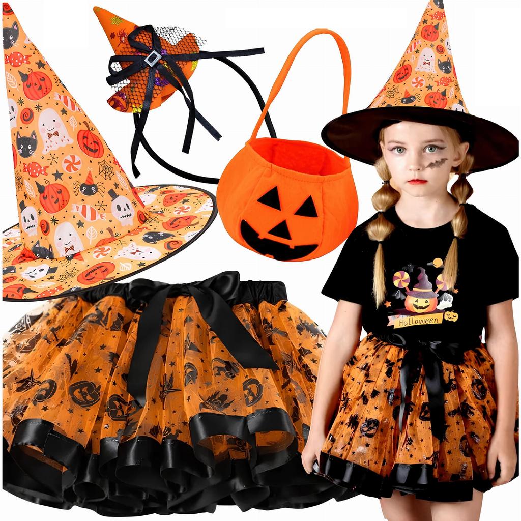 Witch costume, black, shiny, for girls, hat and cape, Halloween outfit, set