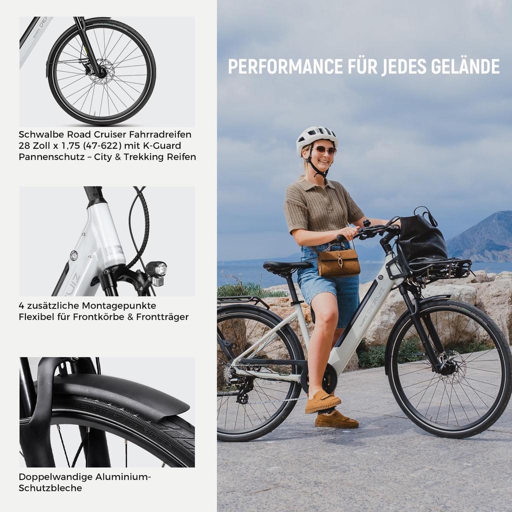 Electric Bike DERUIZ Quartz 28'' 250w Motor City Ebike - 48V 13.4Ah Battery Up To 161km Range, Hydraulic Brakes, Torque Sensor, 8 Speed, White