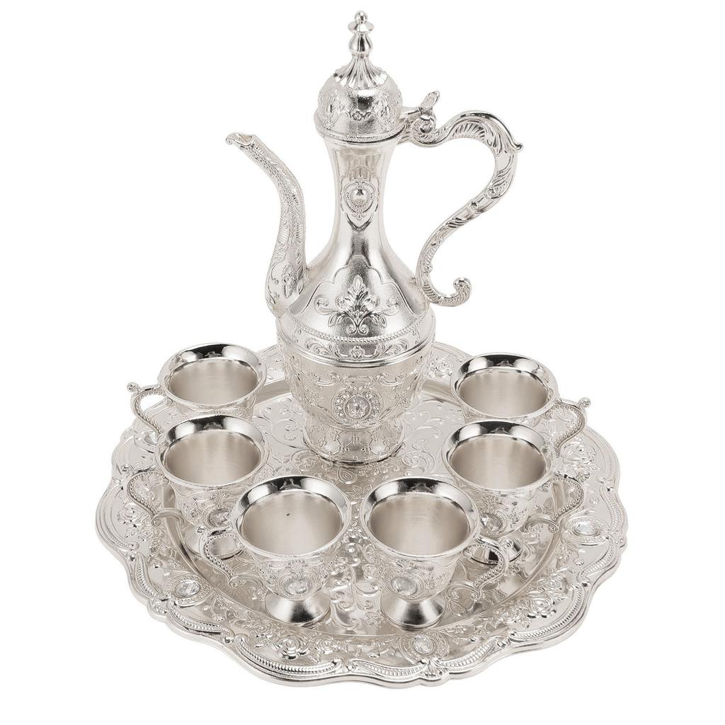 Alloy Wine Glass Pot Set Rustproof Exquisite Decorative Vintage Coffee Pot Set for Tea Home Party Wedding Silver White