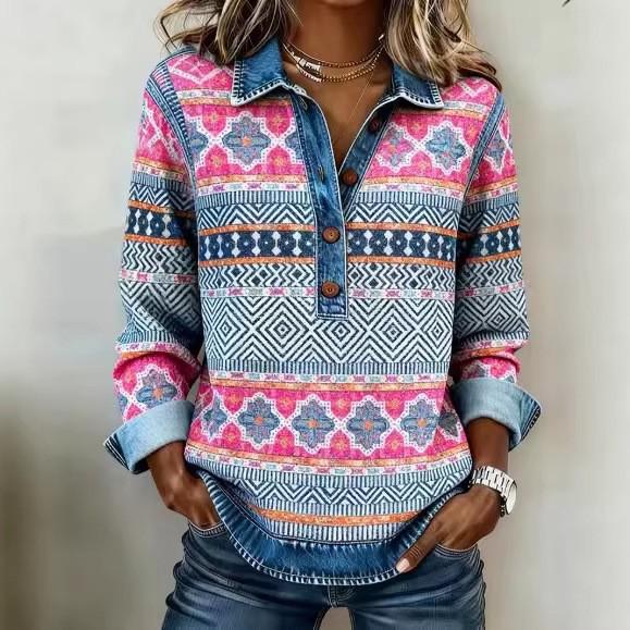 Women's 2026 Denim Lapel Long Sleeve Trendy Pullover Shirt