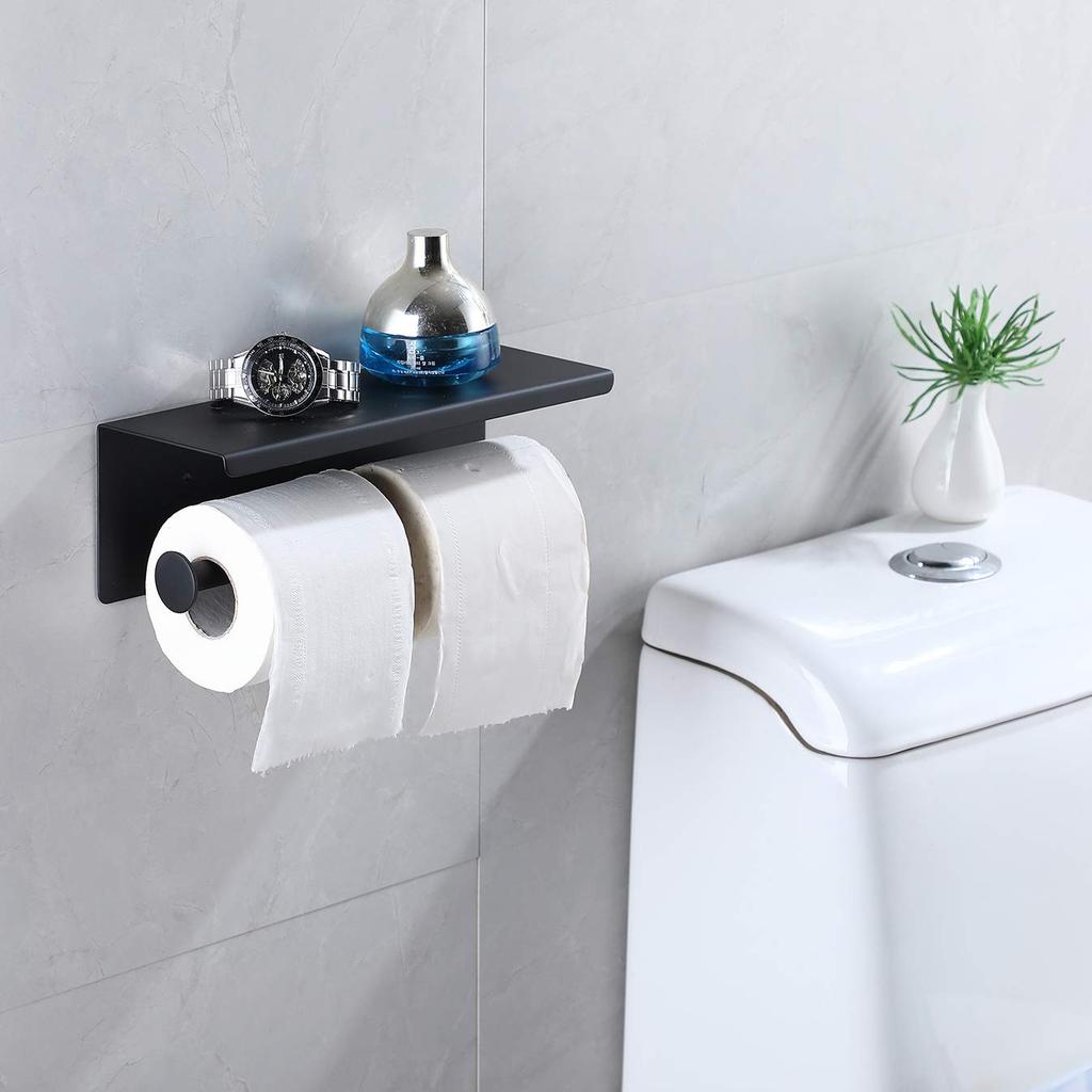 GULICA Toilet Paper Holder, SUS304 Stainless Steel, Black, 26cm Wide Shelf, Double Stainless Steel Paper Roll Screws Included