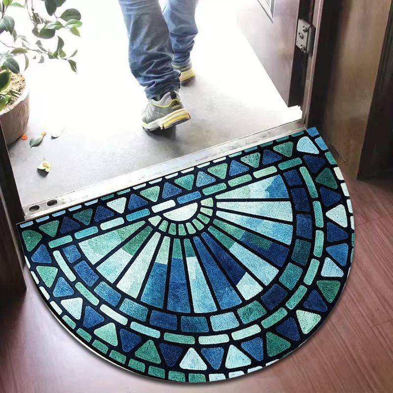 Gradient Teal Mosaic Half Round Bath Mat, Non-Slip Water Absorbent Stained Glass Style Bathroom Floor Rug
