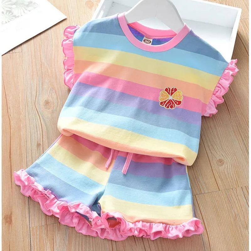 Girls Summer Rainbow Sports Set Toddler Short Sleeve T Shirt And Shorts Two Piece Casual Outfit