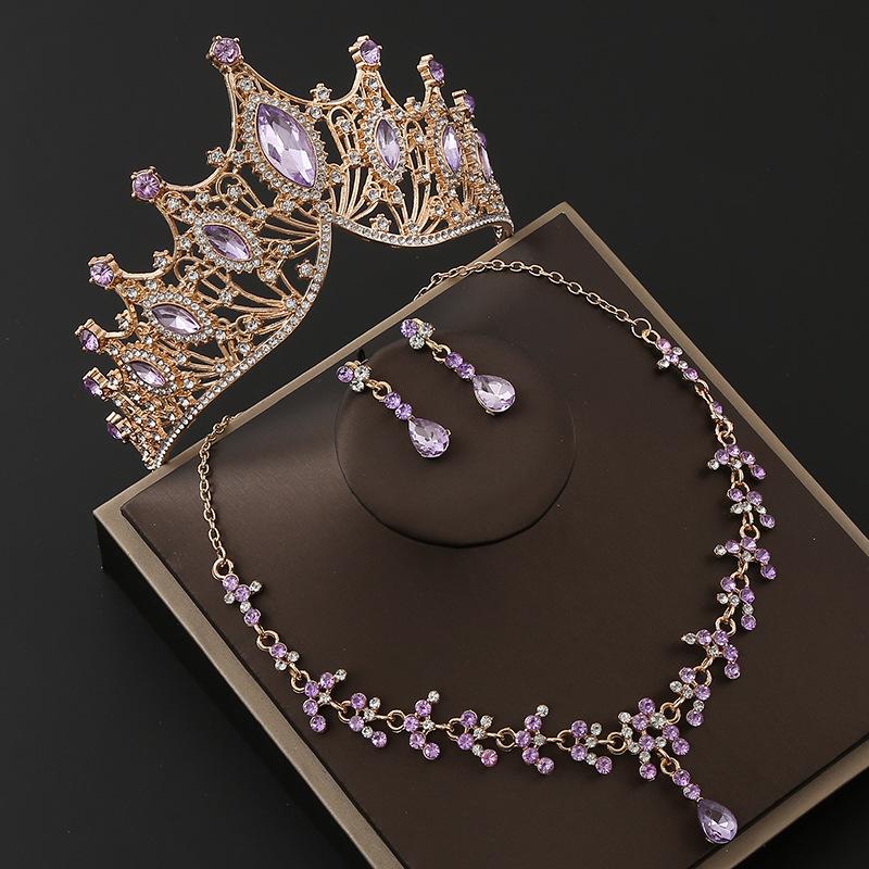 Brautkrone Legierung Strass Stirnband Hochzeit Geburtstag Krone Tiara Halskette Ohrringe Dreiteiliges Set Farbe