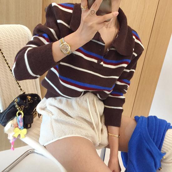Stripe Collar Knit Henley Neck Spring Sweater (2 Colors) ONE SIZE