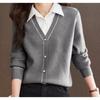 Fake two-piece knitted t-shirt women's long-sleeved autumn new shirt collar contrasting color splicing thin casual top spring