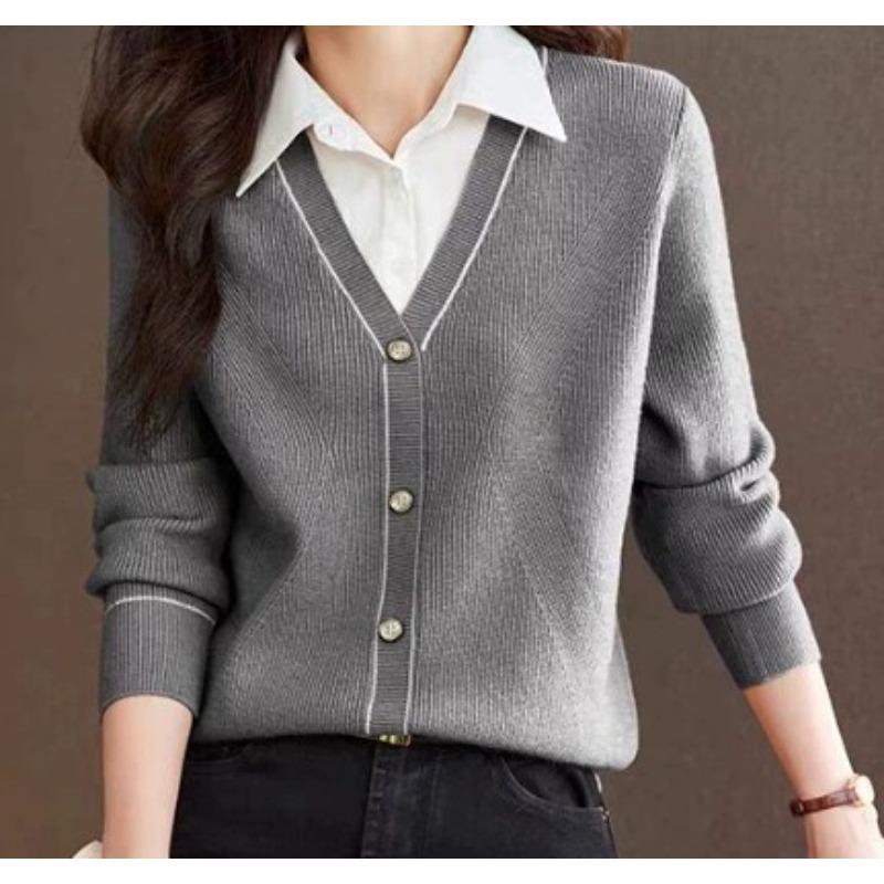 Fake two-piece knitted t-shirt women's long-sleeved autumn new shirt collar contrasting color splicing thin casual top spring