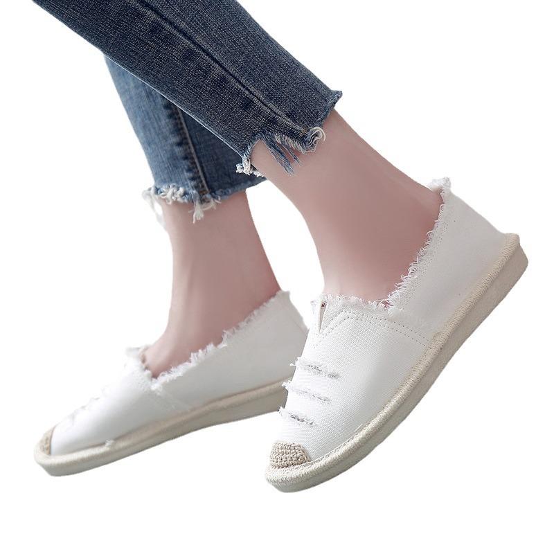 Ladies Casual Comfort Ripped Slip On Lazy Shoes Female Womens Flat Slip On Canvas Summer Strap Loafers Straw Espadrilles2025