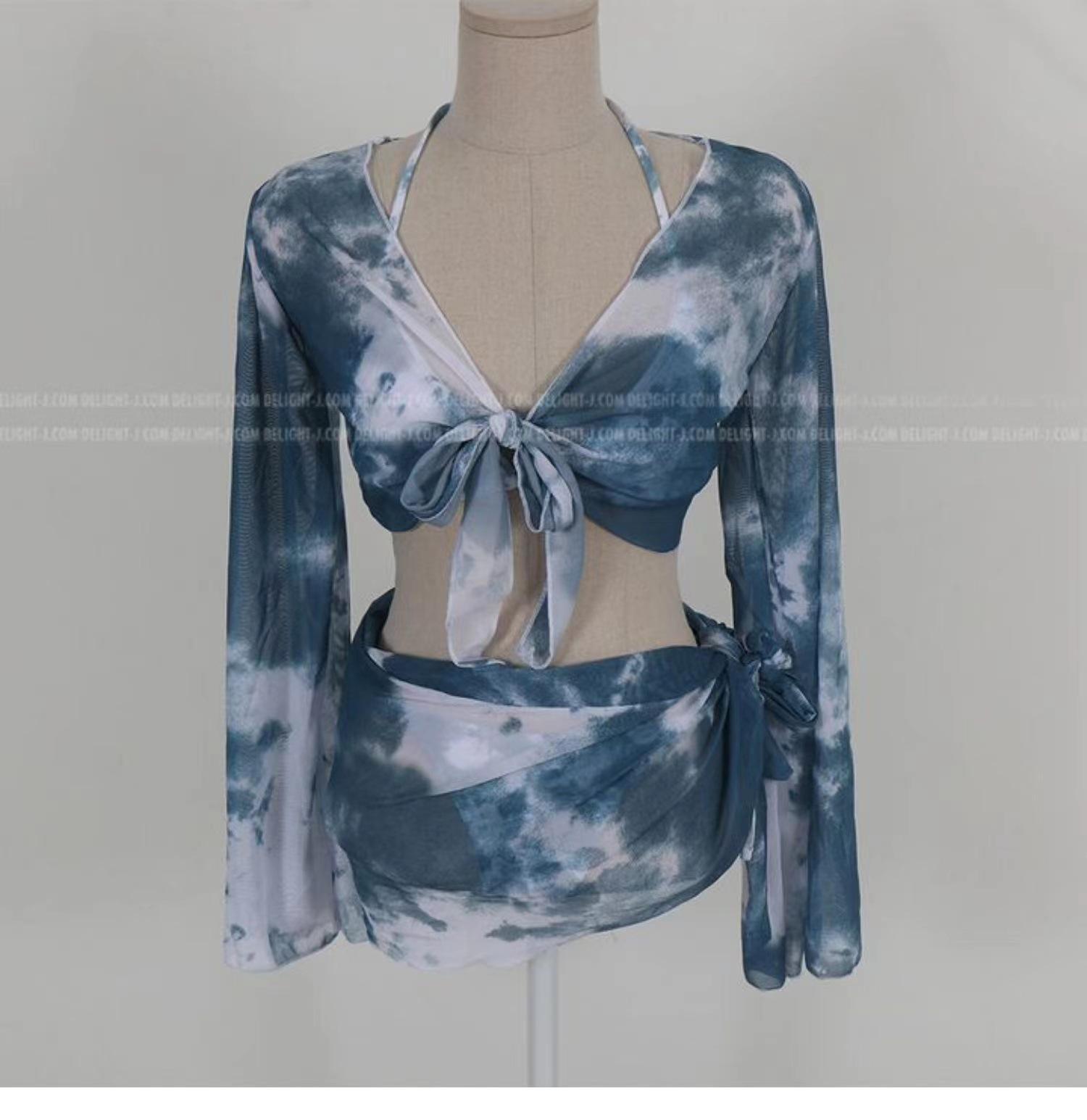 Swimsuit women s ins style sexy tie-dye split bikini four-piece chiffon blouse yarn, gather vacation swimsuit S синий