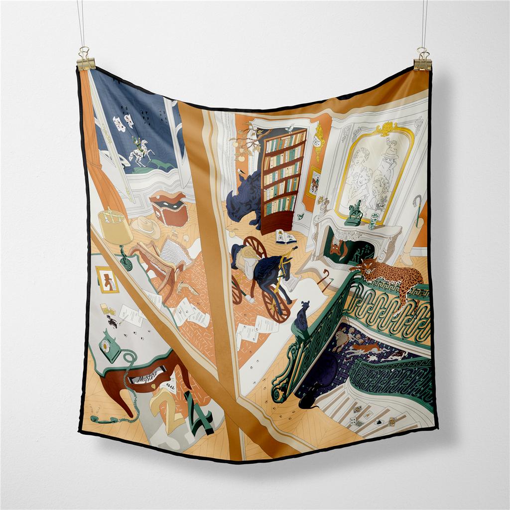 POBING Twill Silk Scarf Woman Water City Print Square Scarves Bandana Small Hijab Foulards Lady Tie Headband Neckerchief 53CM